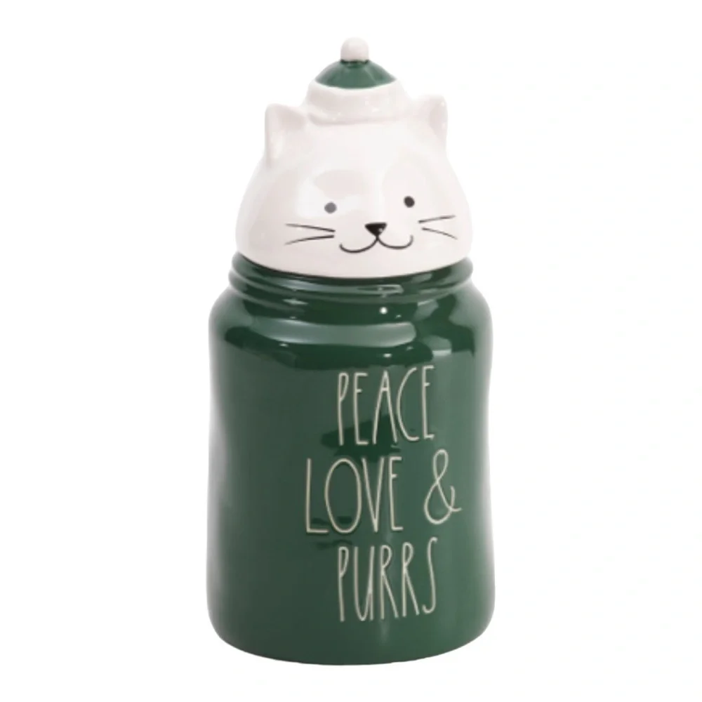 RAE DUNN Peace Love & Purrs Figural Cat Canister Treat Christmas Pet Decor NEW